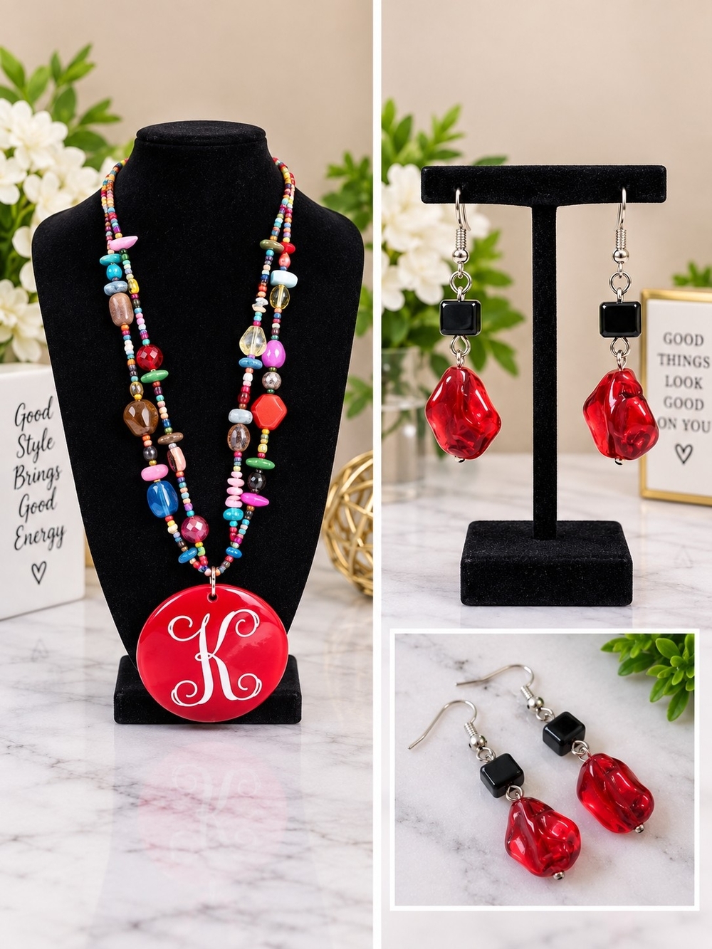 NEW Monogram “K” Colorful Beaded Necklace & Earring Set